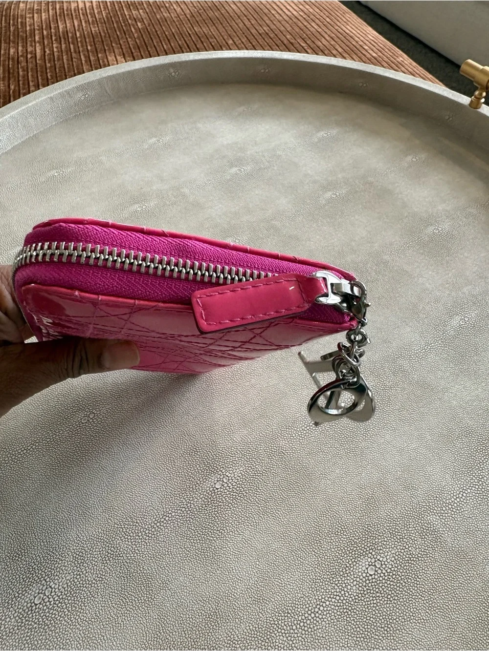 Dior Hot Pink Quilted Patent Zip-Around Wallet with Charm